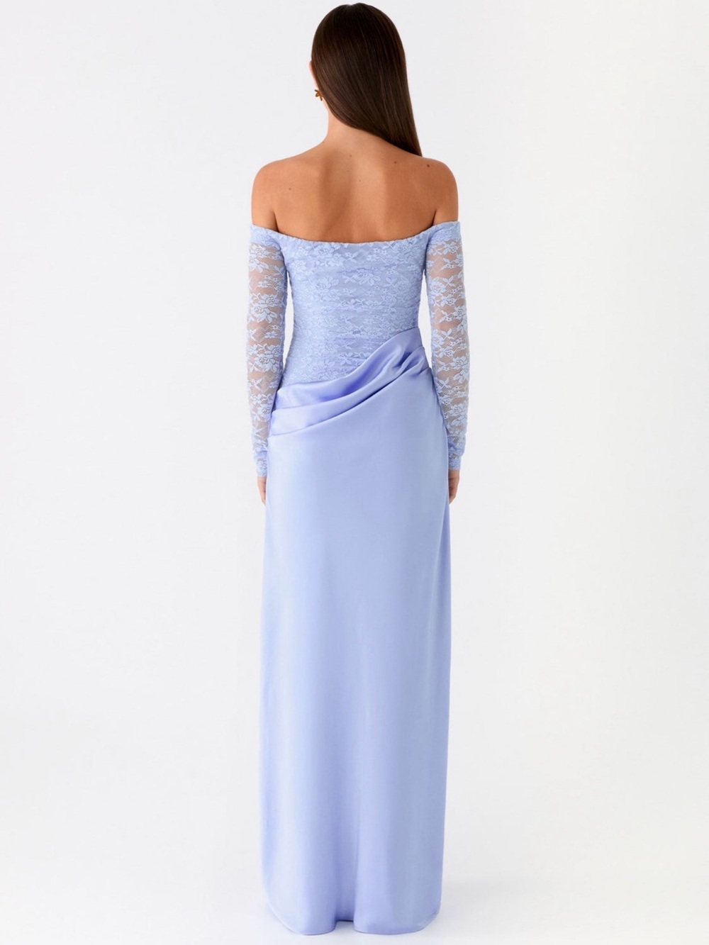 NWT Peppermayo Off-Shoulder Lace Long Sleeve Satin Maxi Dress in Light Blue 6 - Picture 3 of 4